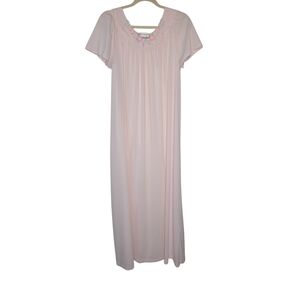 Vintage Shadowline Pink Embroidered Long Nightgown Short Sleeve SMALL